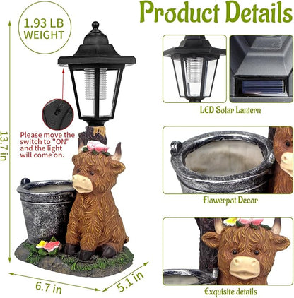 Solar Highland Cow Outdoor Garden Statues with Flowerpot & Lantern Decor | Highland Cow Figurine for Yard Art Lawn Ornaments Porch Patio Balcony - Birthday Gifts for Women Mom