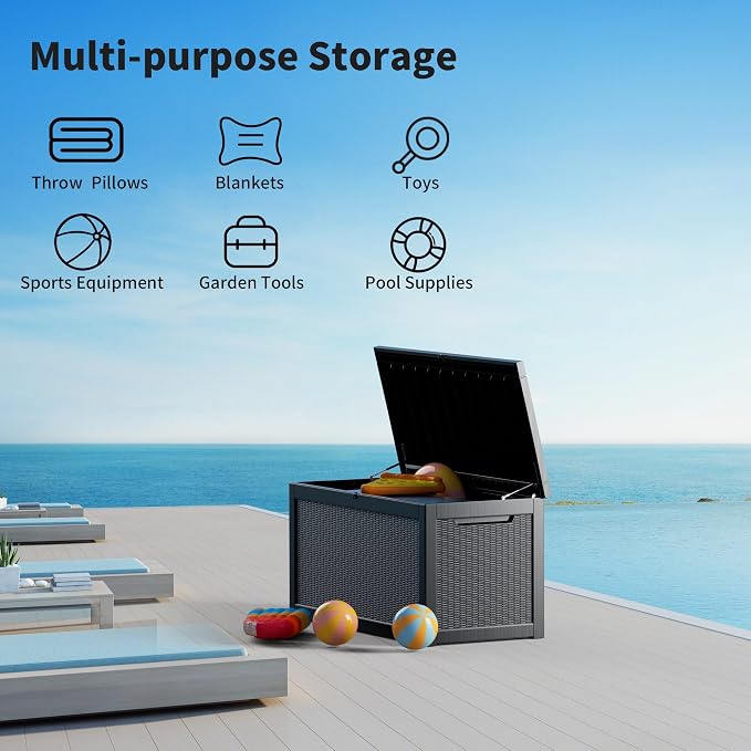 Outdoor Storage Box, 320 Gallon Lockable Resin Deck Box Large Waterproof, Patio Storage Bin for Furniture Cushion, Garden Tools and Pool Accessories, UV-Resistant Bench for Outside, Black