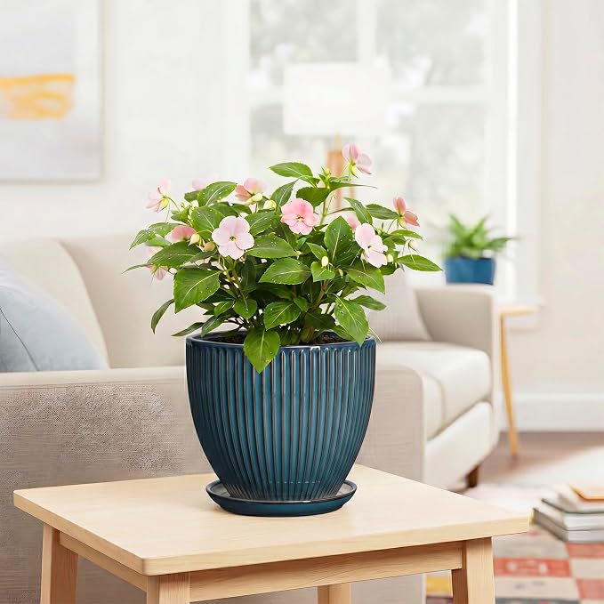 Ceramic Plant Pots, 8 Inch Planters for Indoor Plants, Decorative Flower Pots with Drainage Hole and Saucer, Round Planter, Indoor Flower Pot, Modern Home Decor, Plant Lover Gifts, Retro Blue