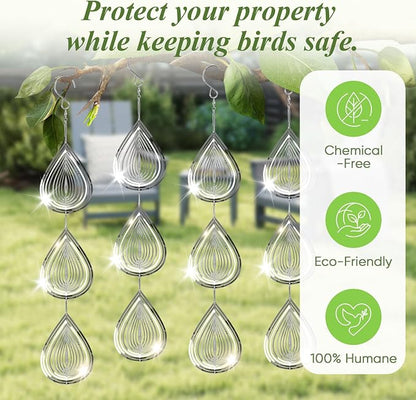 Reflective Wind Spinners for Outdoors, 12 PCS Stainless Steel Bird Control Discs with 360° Swivel Hooks, Humane 3D Hanging Ornament for Garden, Patio, Balcony & Orchard