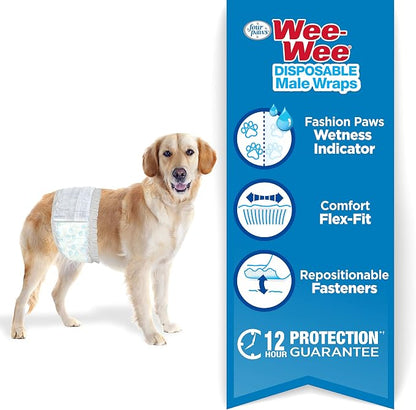 Four Paws Wee-Wee Super Absorbent Disposable Adjustable Dog Potty Training Male Wraps Diapers, Leak-Proof Protection for Puppies and Small Dogs, Medium, 12 Count