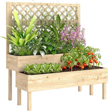 Outsunny 2-Tier Raised Garden Bed with Trellis, Wooden Elevated Planter Box with Drainage Gaps, Liners, Trellis Planter for Climbing Plants, Flowers, Herbs, 42.5" x 24.4" x 47.2", Natural