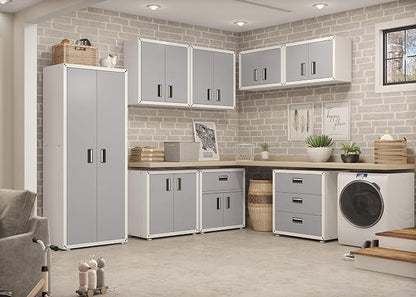 Floating Garage Storage Cabinet - Heavy-Duty Wall Mount Steel Cabinet, Lockable 2-Door Design, Removable Shelf, 44 lbs Capacity, Ready-to-Assemble Metal Garage Organizer (White and Grey)