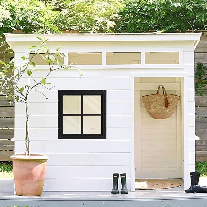 Shed Windows 2 Pack, Chicken Coop Fixed Windows 16" x 16" Black | Square Gable Flush Mounted Small Windows with Tempered Glass for Shed, Barns, Playhouse, Household, Garage