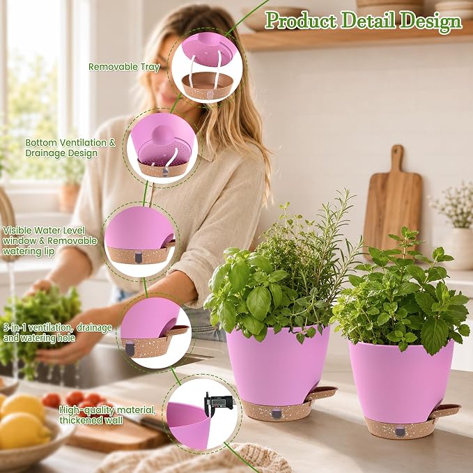 6 Inch Self Watering Pots for Indoor Plants(5-Pack) – Small Plastic Planters with Water Level Window, Drainage Holes & Trays, Indoor Outdoor Flower Pots for Herbs, Snake,Pothos (Dusty Lavender)