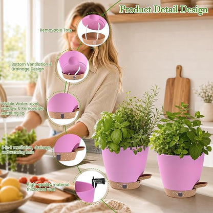 6 Inch Self Watering Pots for Indoor Plants(5-Pack) – Small Plastic Planters with Water Level Window, Drainage Holes & Trays, Indoor Outdoor Flower Pots for Herbs, Snake,Pothos (Dusty Lavender)