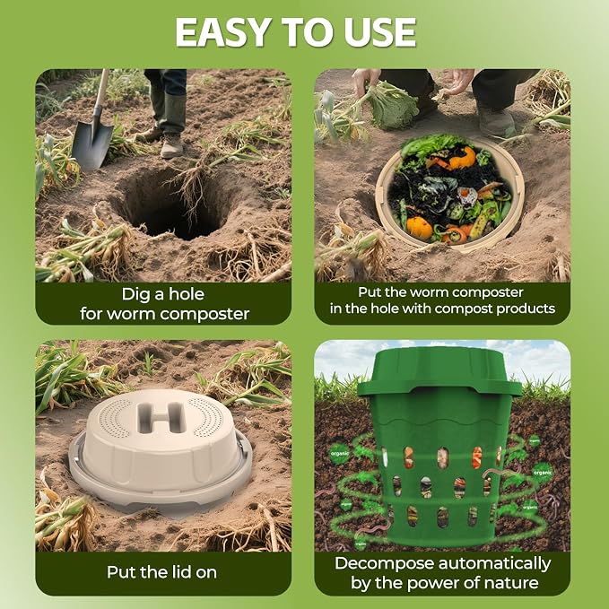 4-Pack Inground Worm Composter, 8L Outdoor Worm Farm, Worm Compost Bin for Garden Beds & Home Use, Vermicomposting Bin for Recycling Food Waste (9.5x9.5x10.8Inch), Green
