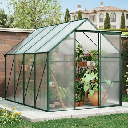 6x8 FT Greenhouse, Walk-in Polycarbonate Greenhouses with Sliding Doors, Aluminum Frame, Adjustable Roof Vent, Raised Base & Anchor, Outdoor Backyard Greenhouse for All Seasons, Green