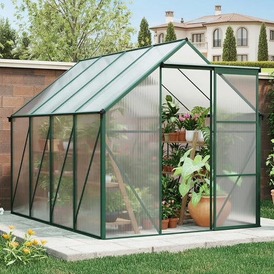 6x8 FT Greenhouse, Walk-in Polycarbonate Greenhouses with Sliding Doors, Aluminum Frame, Adjustable Roof Vent, Raised Base & Anchor, Outdoor Backyard Greenhouse for All Seasons, Green