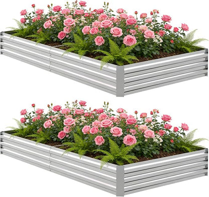 8x4x1FT Galvanized Raised Garden Bed, Metal Planter,Silver,2 Packs | Thick Galvanized Steel, Easy Assembly,Outdoor Patio,Open Bottom,Smooth Surface,Planter Kit for Vegetables, Herbs, Flowers