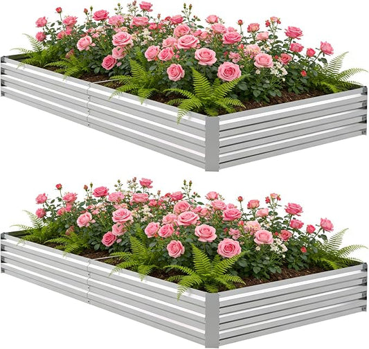 8x4x1FT Galvanized Raised Garden Bed, Metal Planter,Silver,2 Packs | Thick Galvanized Steel, Easy Assembly,Outdoor Patio,Open Bottom,Smooth Surface,Planter Kit for Vegetables, Herbs, Flowers