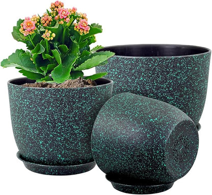 WSMKSZ Large Flower Pots 12/10/9 inch, Set of 3 Decorative Plastic Planters with Drainage Holes and Saucers for Garden House Plants, Plant Pots for Indoor Outdoor Plants, Black with Green Speckles