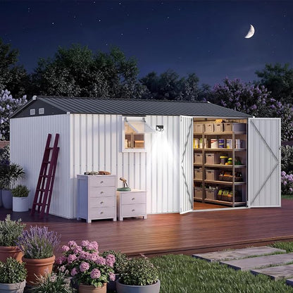 Garvee 10 x 12 FT Heavy-Duty Metal Outdoor Storage Shed with Motion Sensor Solar Light and Window,Pegboard Tool Organizer, Lockable Doors and 4 Air Vents, Garden Shed for Patio, Garage, Backyard
