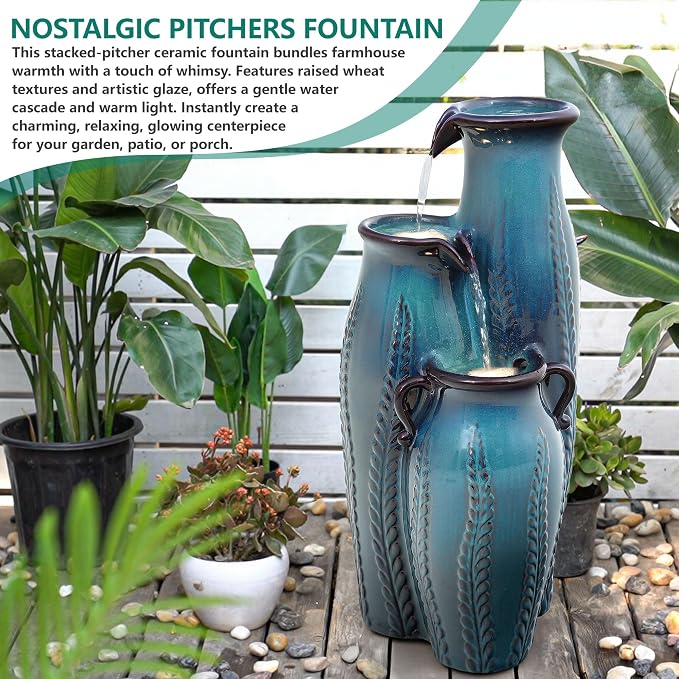 29.5" H Ceramic Outdoor Water Fountain with LED Lights, 3-Tier Vase Cascading Water Feature, Turquoise with Embossed Leaf Patterns, Tranquil Waterfall for Garden, Patio, Yard, or Porch