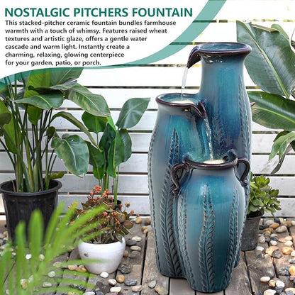 29.5" H Ceramic Outdoor Water Fountain with LED Lights, 3-Tier Vase Cascading Water Feature, Turquoise with Embossed Leaf Patterns, Tranquil Waterfall for Garden, Patio, Yard, or Porch