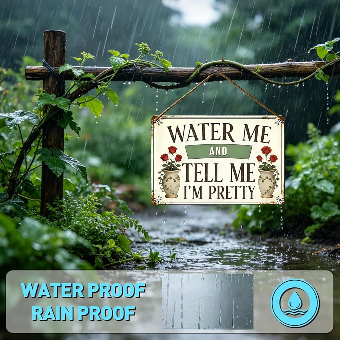 Funny Garden Metal Signs, Vintage Outdoor Wall Decor 8x12 Inch | Water Me & Tell Me I'm Pretty, Weatherproof Aluminum Sign for Patio Yard Greenhouse, Gift For Gardeners