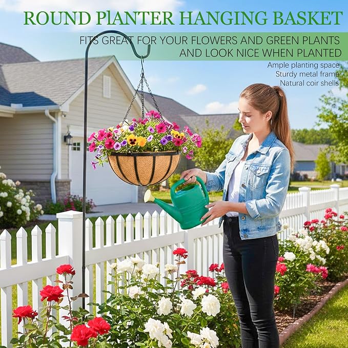 Hanging Planters for Outdoor Plants 4 Pack 12 inch Metal Hanging Flower Basket with Coco Coir Liner Wire Plant Holder Watering Flower Baskets Pot Hanger Garden Decoration for Indoor Outdoor(DQL)