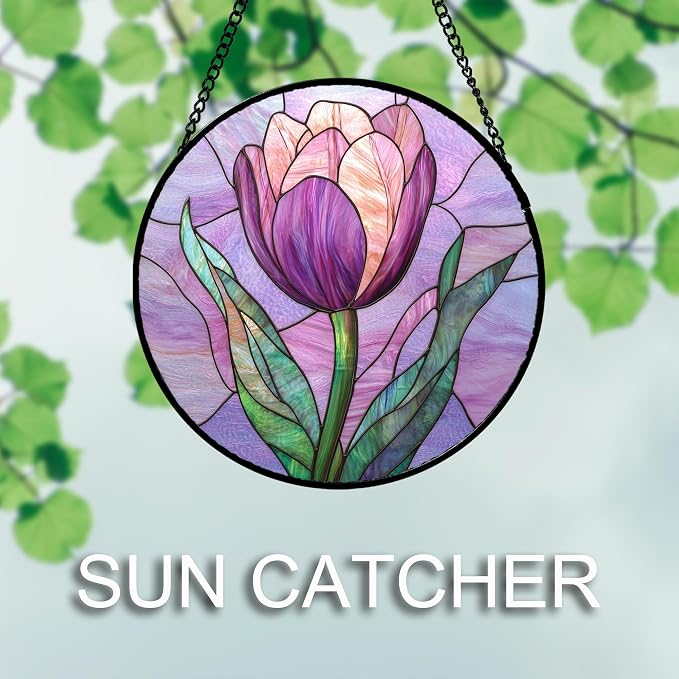 DASTOLL Stained Glass Window Hanging Purple Tulips Flower 9.8" - Suncatcher Door Garden Sun Catcher Home Decor Birthday Mother's Day for Mom Men Woman Parents Her Nana Friend