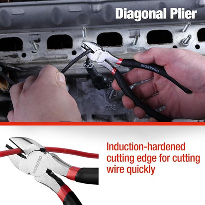 WORKPRO 7-piece Pliers Set, Black | Groove Joint Piler, Long Nose Piler, Slip Joint Piler, Linesman Piler, Diagonal Pliers for DIY & Home Use