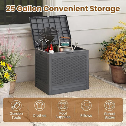 Tangkula 25 Gallon Outdoor Storage Box, Waterproof PP Resin Patio Storage Box with with Lockable Lid for Indoor & Outdoor Use, 2-in-1 Rattan Design Deck Box for Patio Cushions, Garden Tools