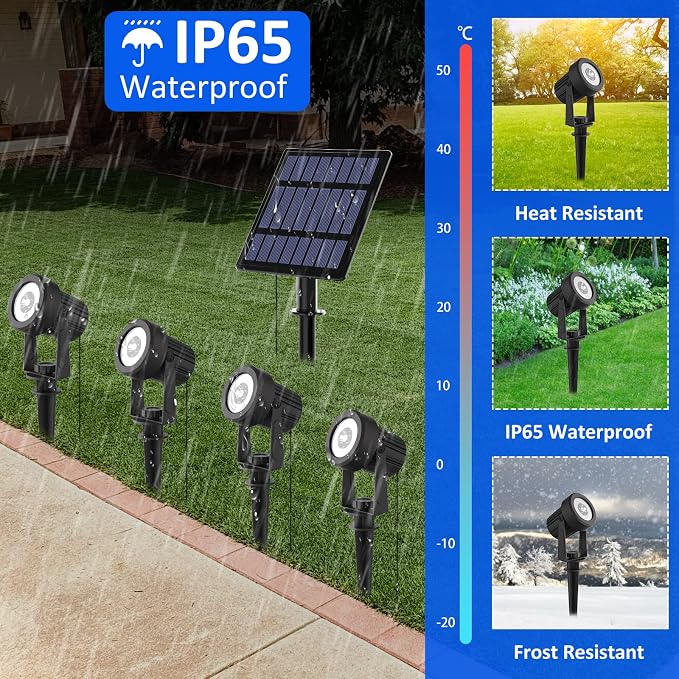 T-SUNUS Solar Christmas Spotlight Outdoor Warm White 3000K, 4-in-1 Spot Lights IP65 Waterproof 9.8ft Cable 5W Separated Panel, Auto On/Off for Garden Flag Tree Patio Yard Driveway Pathway Halloween