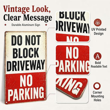 Do Not Block Driveway Tin Sign, 12 x 8 Inch No Parking Aluminum Metal Wall Decor, Vintage Notice Sign for Garage, Gate, Fence, Carport