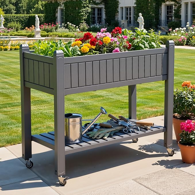 YITAHOME 43.3x17.7x34 in Elevated Garden Bed, Outdoor Plastic Planter Box with Wheels, Legs, Drain Plug, and Storage Shelf for Plants, Vegetables, Flowers, Herbs, Light Brown