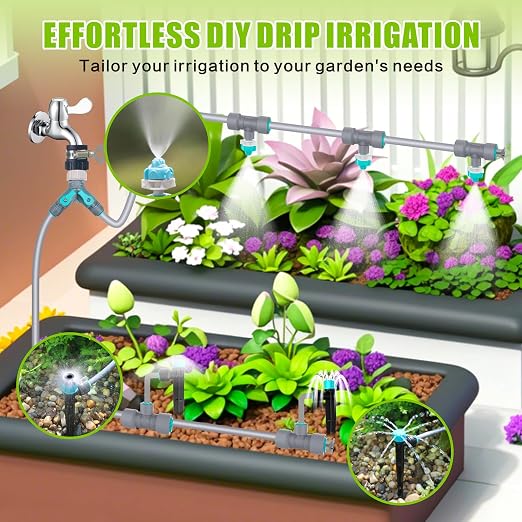 Drip Irrigation System Kit 230FT - Automatic Watering System with Quick Connector, Complete Water Irrigation System for Garden Lawn with 12mm 6mm Irrigation Tubing Adjustable Emitters