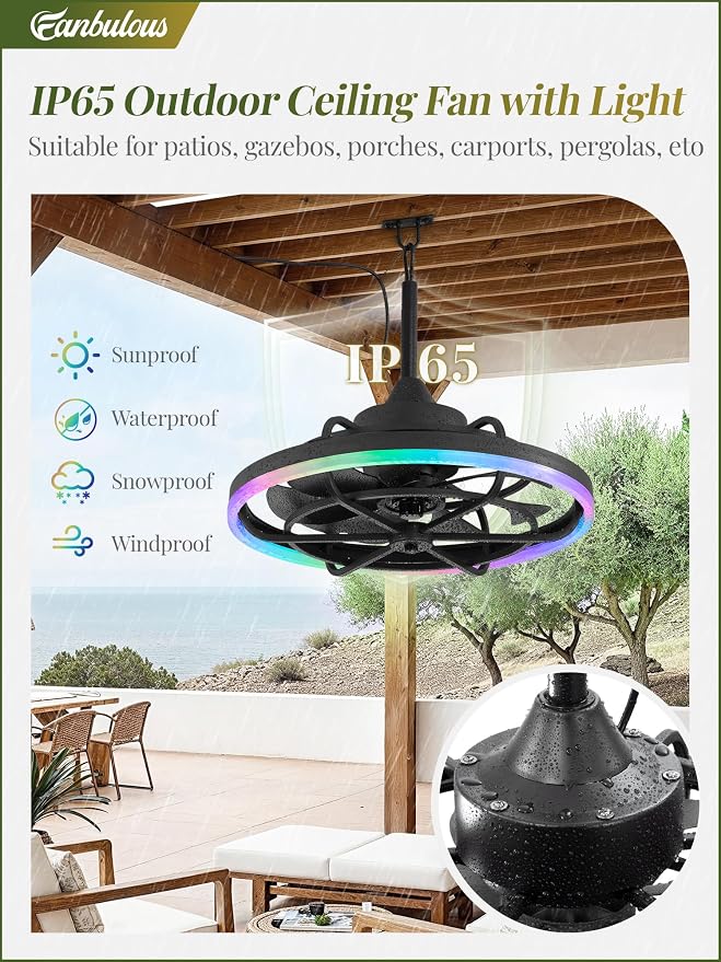 Fanbulous Outdoor RGB Ceiling Fans with Light for Patios, 20" Waterproof Plug in Ceiling Fan, Gazebo Fan Remote&APP Control, 3CCT Dimmable,Caged Ceiling Fan with Hanging Hook for Porch, Pergola