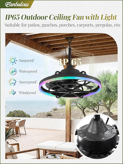 Fanbulous Outdoor RGB Ceiling Fans with Light for Patios, 20" Waterproof Plug in Ceiling Fan, Gazebo Fan Remote&APP Control, 3CCT Dimmable,Caged Ceiling Fan with Hanging Hook for Porch, Pergola