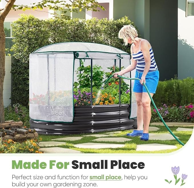 KING BIRD Raised Garden Bed with Cover Galvanized Oval Planter Garden Box Outdoor for Gardening, Vegetables, Flowers White 4x3x1 ft