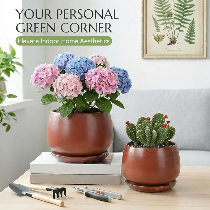 10.3 Inch Flower pots for Indoor Outdoor Plants with Saucer Drainage Leak-Proof Mesh, Ceramic Planter with Gardening Gloves for Succulent and Flower (Iron-red)