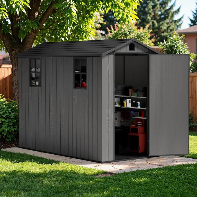 Greesum 4x8FT Plastic Storage Shed with Floor, Resin Outdoor Storaged Sheds with Lockable Door, All Weather Durable Tool Shed with Window and Vent for Yard, Patio, Garden, Dark Gray