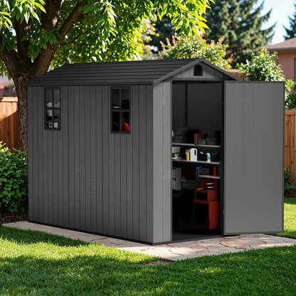 Greesum 4x8FT Plastic Storage Shed with Floor, Resin Outdoor Storaged Sheds with Lockable Door, All Weather Durable Tool Shed with Window and Vent for Yard, Patio, Garden, Dark Gray