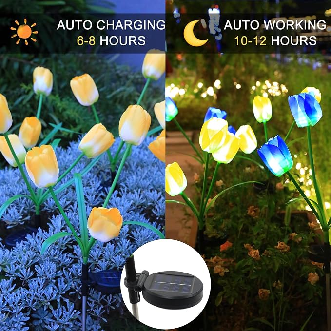 Garden 4 Pack LED Solar Flower Lights with More Realistic Tulips Flowers Solar Garden Lights Outdoor Waterproof for Yard Patio Lawn Pathway Walkway Decoration Yellow & Blue Combo