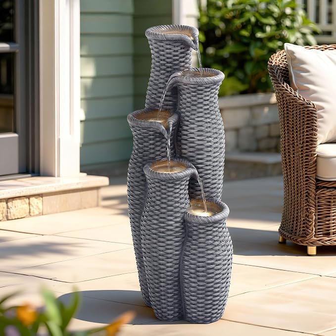 Autodaya 5-Tier Faux Rattan Outdoor Water Fountain & Waterfalls with Lights | Unique Natural Vase Water Feature With Cascading Soothing White Noise, Tranquil Oasis For Garden, Patio, Yard, Or Porch Decor