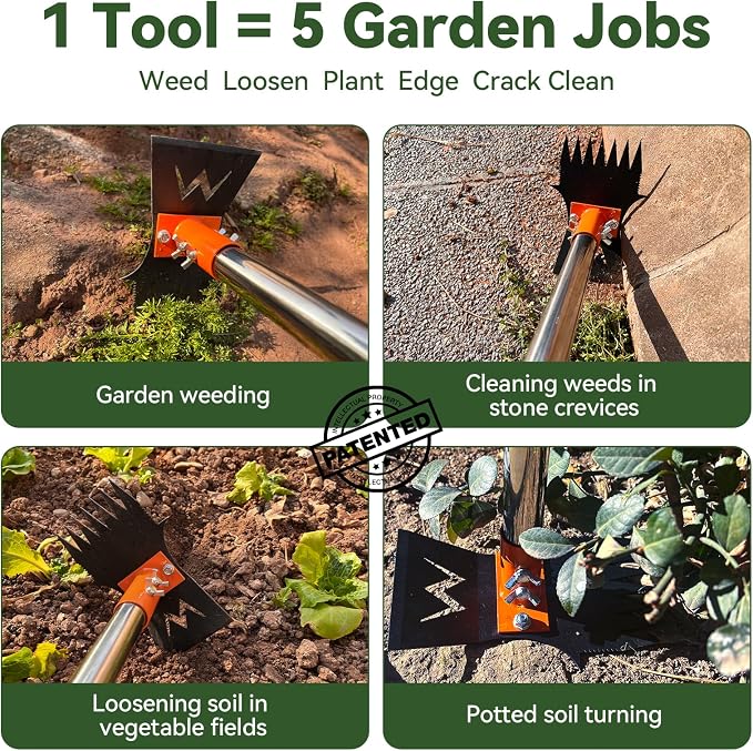4-in-1 Weeding Tool with Hoe, Grabber, Pruning Shears & Scrub Brush,Garden Hoe & Weed Puller Tool with Long Handle,Dandelion Heavy Duty Uprooting Tool for Lawn Yard Garden