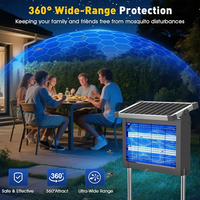 Solar Bug Zapper Outdoor, 4500V Solar Mosquito Zapper Outdoor Waterproof, 1/2 Acre Coverage Rechargeable Electric Fly Zapper, Cordless Portable Mosquito Traps for Backyard, Patio, Camping, Indoor
