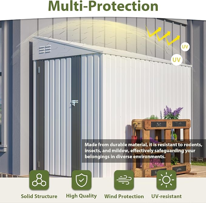 YOPTO 4×7 FT Outdoor Metal Storage Shed,Heavy-Duty Lean to Storage Shed with Lockable Door and Reinforced Beams,All Weather Waterproof Storage House W/2 Air Vents,for Backyard,Patio,Lawn,White
