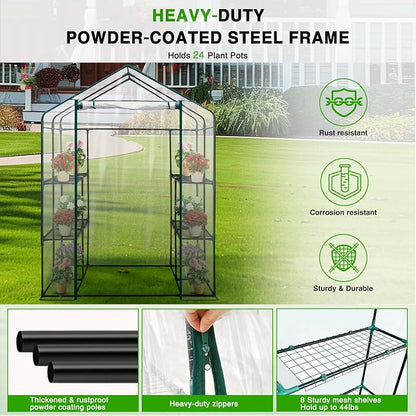 Yesker Greenhouse 57.5"x57"x77" Walk In Green House - Large Outdoor/Indoor Greenhouses with 8 Shelves Waterproof PVC Cover & Windows, Portable Greenhouse Kit for Winter Backyard Gardening Patio, Clear