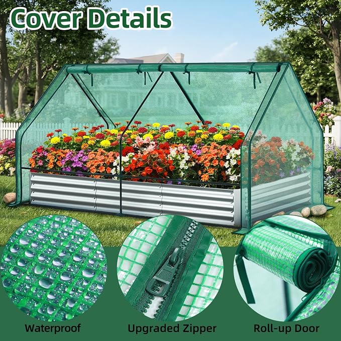 Ohuhu Raised Garden Bed with Cover Outdoor, 8x4x1 FT Galvanized Metal Planter Box with PE Greenhouse Cover, 4 Doors for Ventilation, 3-in-1 Gardening Set for Vegetable Flower Herb Succulent