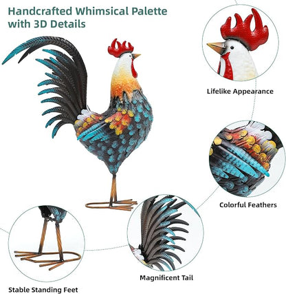 32" Majestic Metal Rooster Yard Decor, Large Outdoor Garden Statue | Outdoor Chicken Sculpture, 3D Hand-Painted, Rustic Farmhouse Style, Weather Resistant Iron, Backyard Patio Lawn Garden