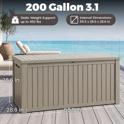 Outdoor Storage Box, 200 Gallon Waterproof Deck Box [Upgraded 3.1], Large Resin Storage with Hydraulic Lifts for King Cushions, Heavy Duty Lockable Bench Seat, Pool Deck, Grey