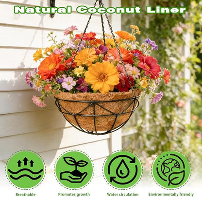 4 Pack 12 Inch Black Metal Hanging Basket Hanging Planter with Coco Coir Liner Heavy Duty Hanging Flower Pot Holder for Indoor Outdoor Patio Garden Porch Balcony Decor (Geometric)