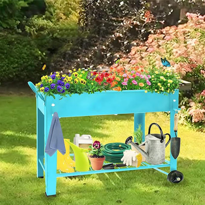 Raised Planter Box Beds with Wheels Legs, Elevated Garden Bed for Indoor Outdoor, Large Metal Mobile Planter Box with Bottom Shelf for Storing Tools for Vegetables Flower Herb Patio(Blue)