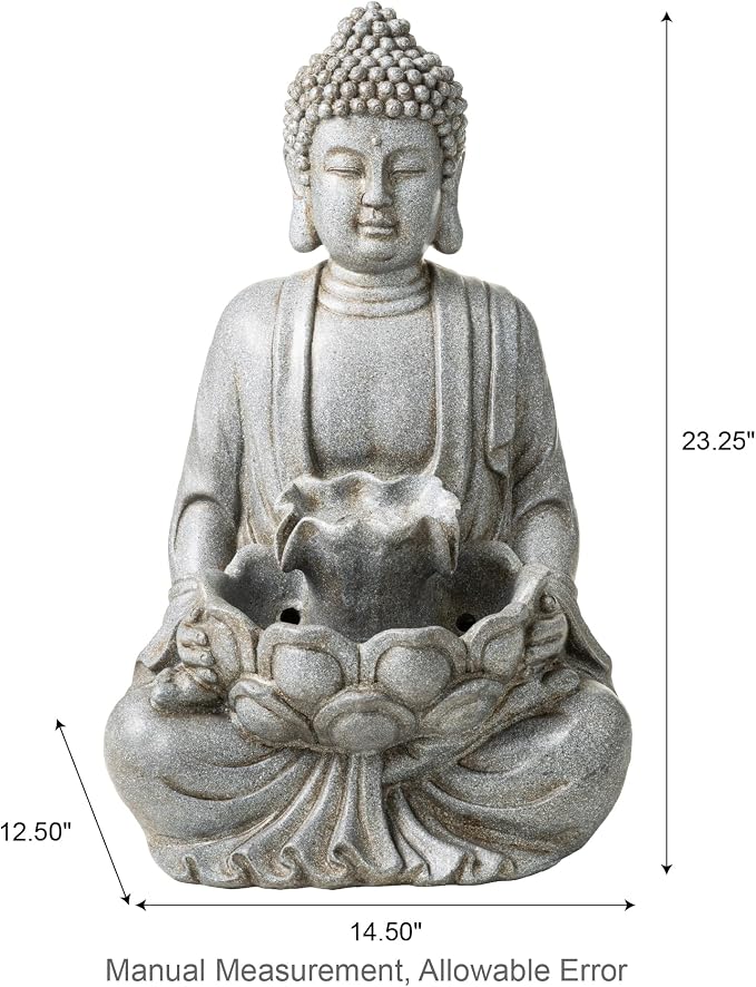 Glitzhome Buddha Fountain Outdoor with Pump & LED Light 23.25" H, 2-Tier Zen Style Concrete Meditating Buddha Statues Water Fountains Floor Fountains Buddhas Sculpture for Garden Patio Backyard