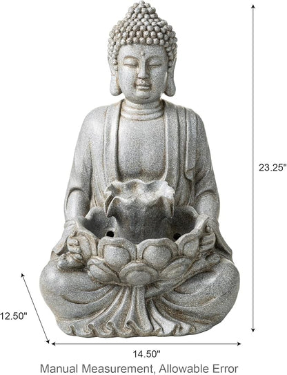 Glitzhome Buddha Fountain Outdoor with Pump & LED Light 23.25" H, 2-Tier Zen Style Concrete Meditating Buddha Statues Water Fountains Floor Fountains Buddhas Sculpture for Garden Patio Backyard
