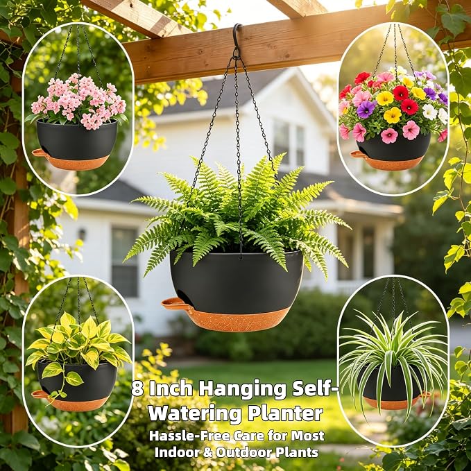 Set of 4-8 Inch Self Watering Hanging Planters for Indoor Outdoor，Hanging Plant Pots with Drainage & Removable Tray, Hanging Pots Holder for Ivy, Pothos, Ferns, Balcony & Patio, Black Brown
