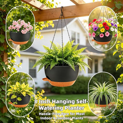 Set of 4-8 Inch Self Watering Hanging Planters for Indoor Outdoor，Hanging Plant Pots with Drainage & Removable Tray, Hanging Pots Holder for Ivy, Pothos, Ferns, Balcony & Patio, Black Brown