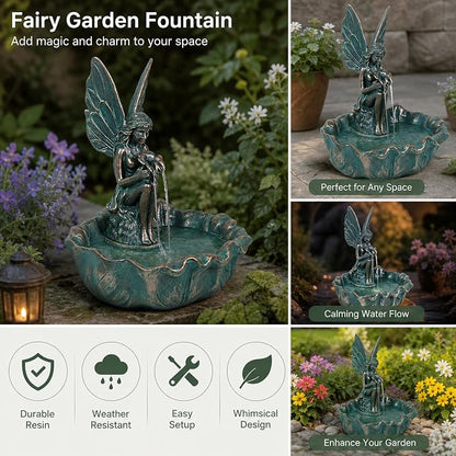 ZMG 14" Angel Fairy Outdoor Water Fall Fountain, Durable Resin Garden Fountain for Home Decor, Office, Gardens, Landscaping, Patios, Balconies, Bronze, Gift Ideas